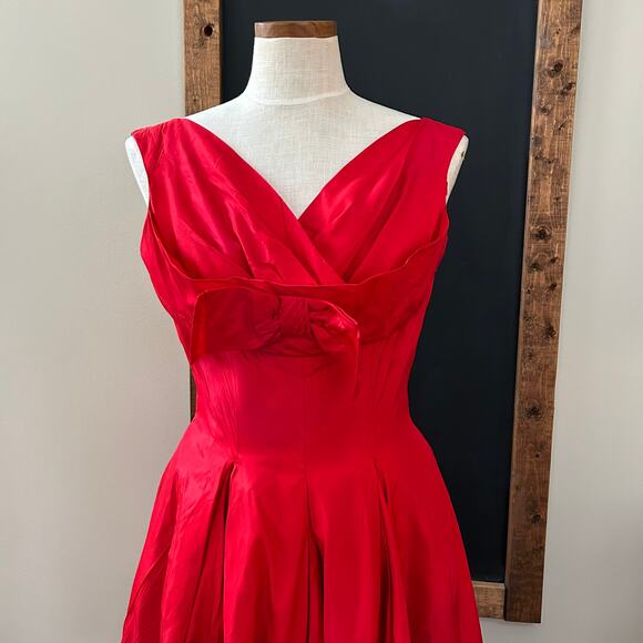 1950s Jonny Herbert Couture Red Taffeta Party Dress XS Rockabilly Pin Up Vtg - Picture 2 of 16
